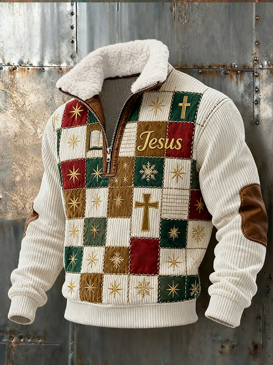 Męska artystyczna wiara retro casualowa gruba bluza z futrzanymi kołnierzykami