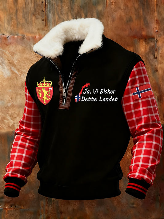 Męska retro norweska bluza z nadrukiem artystycznym na co dzień z futrzany kołnierzykiem