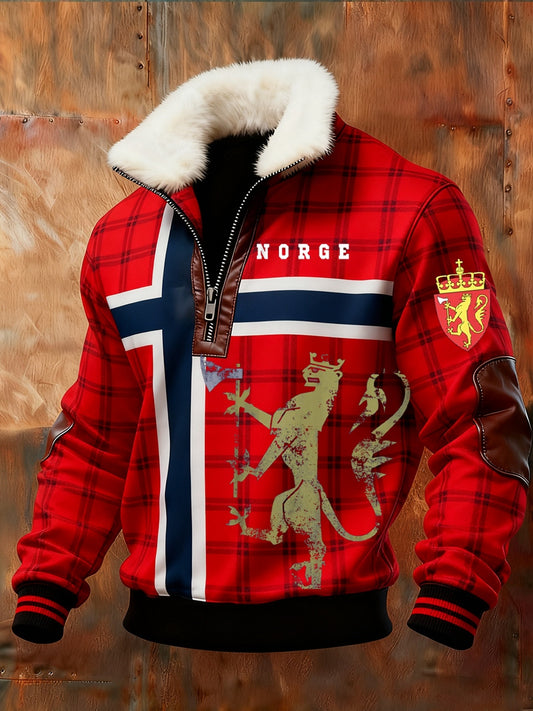 Męska retro norweska bluza z nadrukiem artystycznym na co dzień z futrzany kołnierzykiem