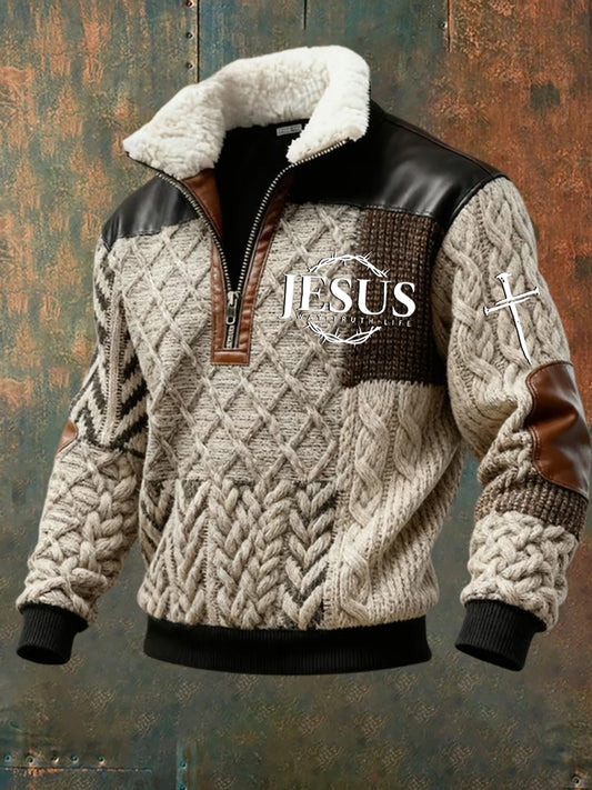 Męska artystyczna wiara retro casualowa gruba bluza z futrzanymi kołnierzykami