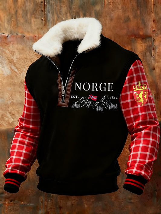 Męska retro norweska bluza z nadrukiem artystycznym na co dzień z futrzany kołnierzykiem