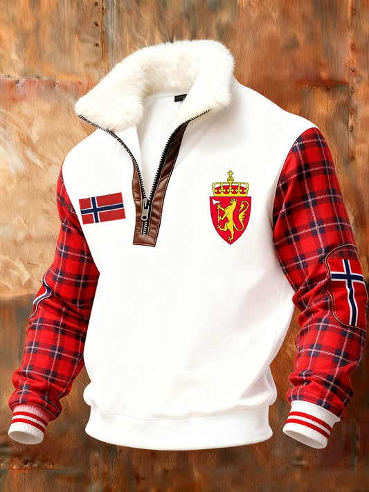 Męska retro norweska bluza z nadrukiem artystycznym na co dzień z futrzany kołnierzykiem