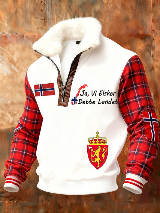 Męska retro norweska bluza z nadrukiem artystycznym na co dzień z futrzany kołnierzykiem