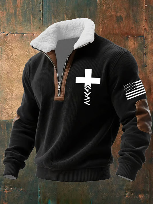 Męska artystyczna wiara retro casualowa gruba bluza z futrzanymi kołnierzykami