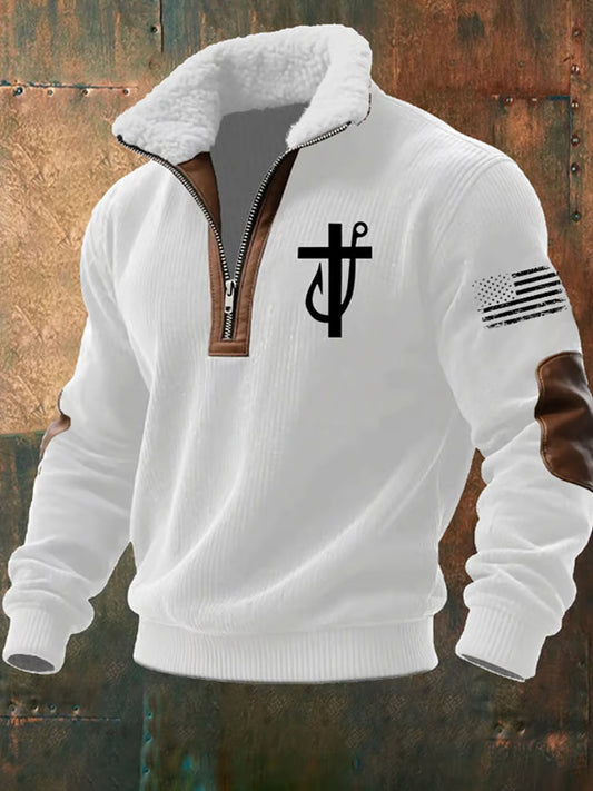 Męska artystyczna wiara retro casualowa gruba bluza z futrzanymi kołnierzykami