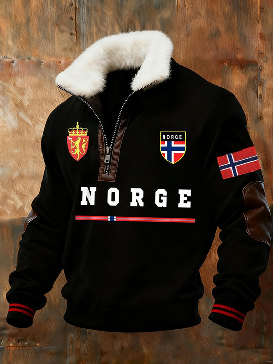 Męska retro norweska bluza z nadrukiem artystycznym na co dzień z futrzany kołnierzykiem