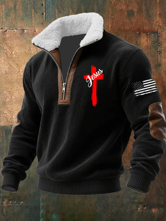 Męska artystyczna wiara retro casualowa gruba bluza z futrzanymi kołnierzykami