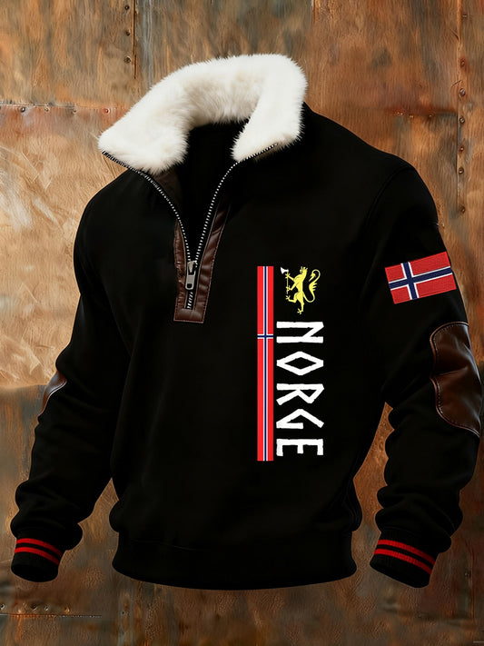 Męska retro norweska bluza z nadrukiem artystycznym na co dzień z futrzany kołnierzykiem