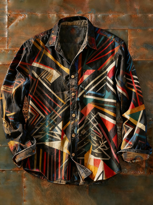 Męska koszulka z długim rękawem w stylu retro w stylu abstrakcyjnym