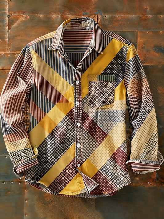 Męska koszulka z długim rękawem w stylu retro w stylu abstrakcyjnym