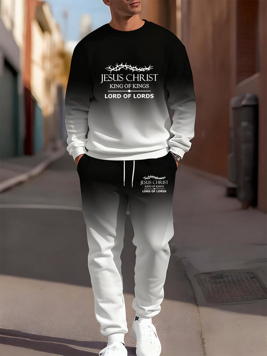 Męska bluza i spodnie Retro Faith Art Print Casual Crew Neck 2-częściowy zestaw