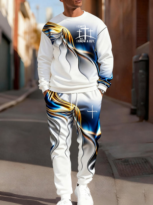 Męska bluza i spodnie Retro Faith Art Print Casual Crew Neck 2-częściowy zestaw