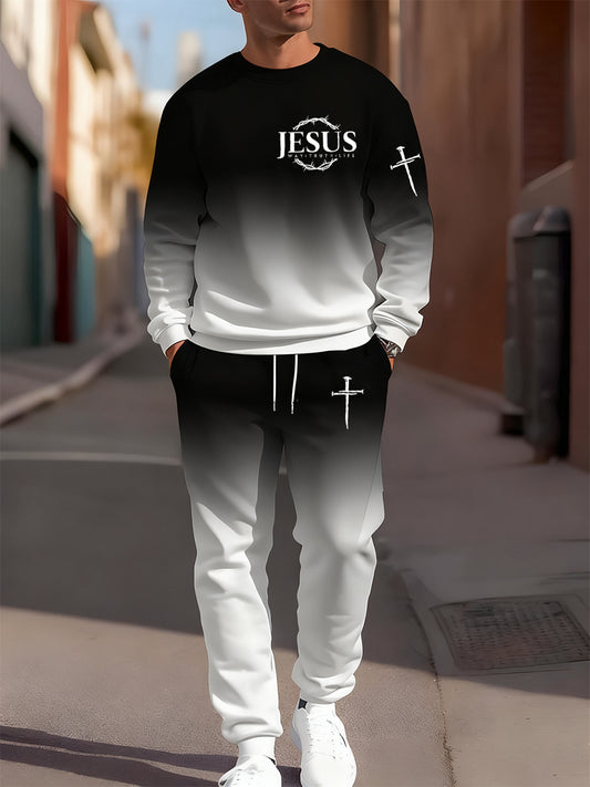 Męska bluza i spodnie Retro Faith Art Print Casual Crew Neck 2-częściowy zestaw