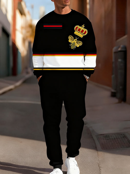 Męska bluza z dekoltem i spodnie w stylu retro w stylu biznesowym z nadrukiem w stylu koronnym, na co dzień, 2-częściowy zestaw