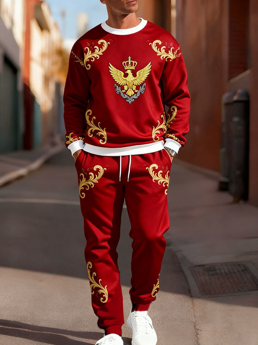 Męska bluza z dekoltem i spodnie w stylu retro w stylu biznesowym z nadrukiem w stylu koronnym, na co dzień, 2-częściowy zestaw