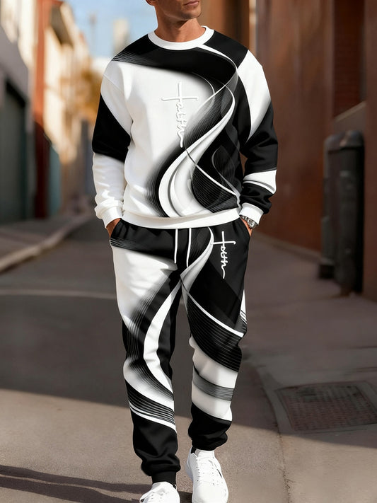 Męska bluza i spodnie Retro Faith Art Print Casual Crew Neck 2-częściowy zestaw
