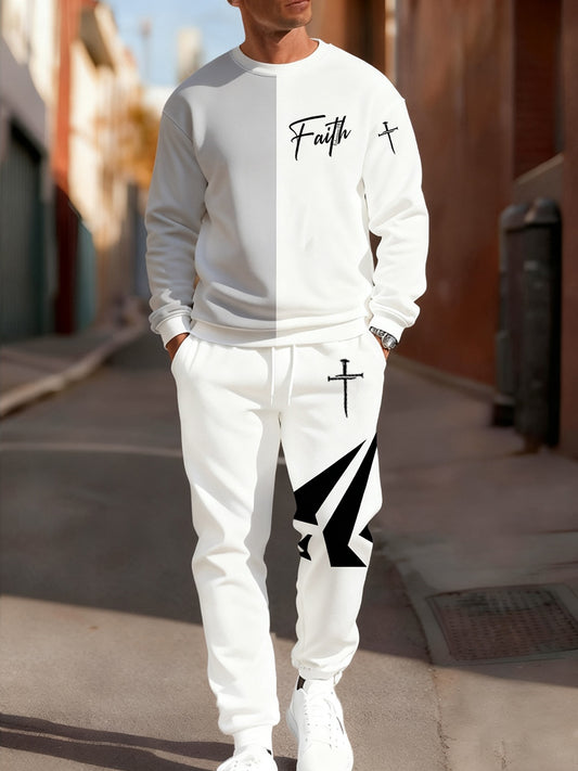 Męska bluza i spodnie Retro Faith Art Print Casual Crew Neck 2-częściowy zestaw