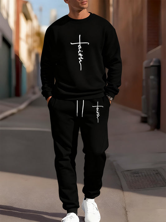Męska bluza i spodnie Retro Faith Art Print Casual Crew Neck 2-częściowy zestaw