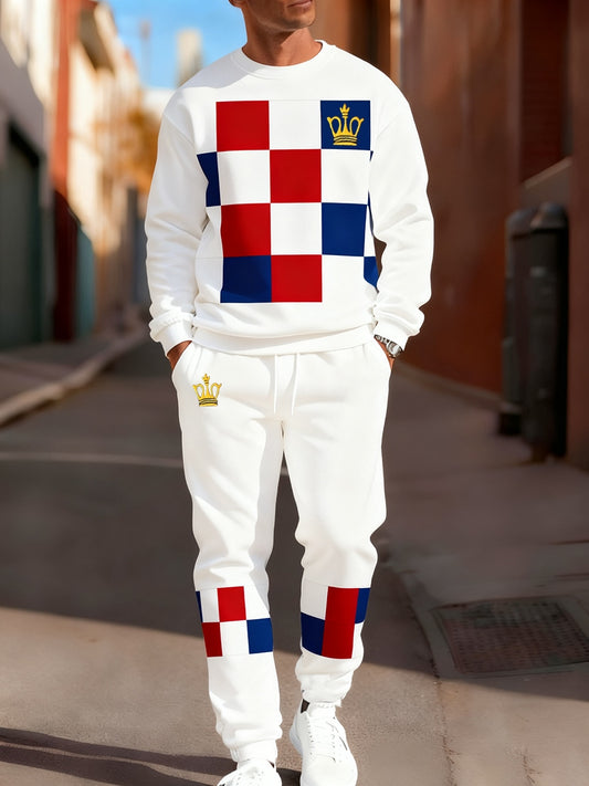 Męska bluza z dekoltem i spodnie w stylu retro w stylu biznesowym z nadrukiem w stylu koronnym, na co dzień, 2-częściowy zestaw