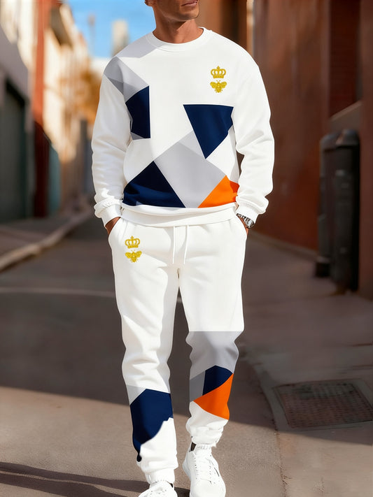 Męska bluza z dekoltem i spodnie w stylu retro w stylu biznesowym z nadrukiem w stylu koronnym, na co dzień, 2-częściowy zestaw