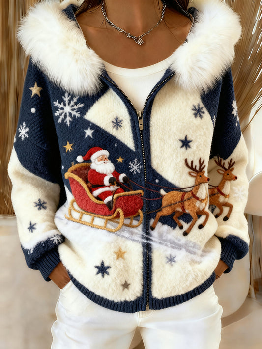 Damski retro bożonarodzeniowy wygodny pluszowy sweter z kapturem