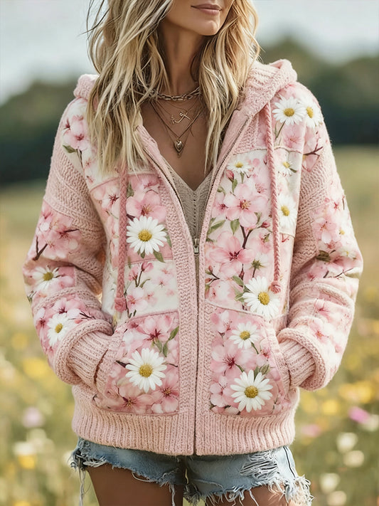 Damska kurtka z nadrukiem kwiatowym w stylu retro, wygodna kurtka z zamkiem błyskawicznym