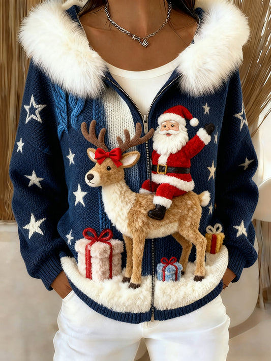 Damski retro bożonarodzeniowy wygodny pluszowy sweter z kapturem