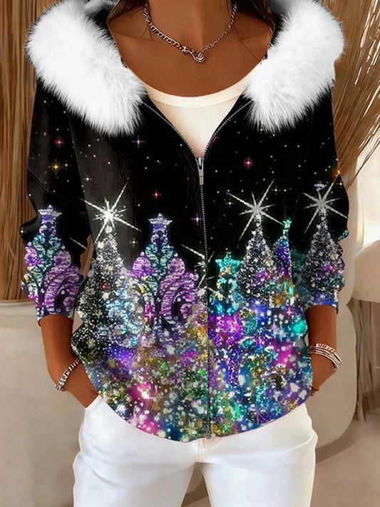 Damski retro bożonarodzeniowy wygodny pluszowy sweter z kapturem