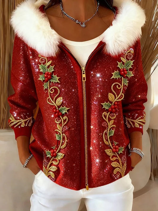 Damski retro bożonarodzeniowy wygodny pluszowy sweter z kapturem