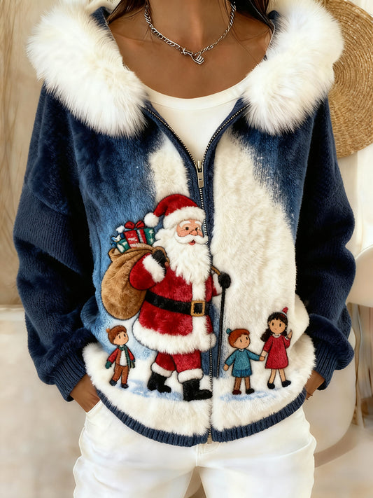 Damski retro bożonarodzeniowy wygodny pluszowy sweter z kapturem