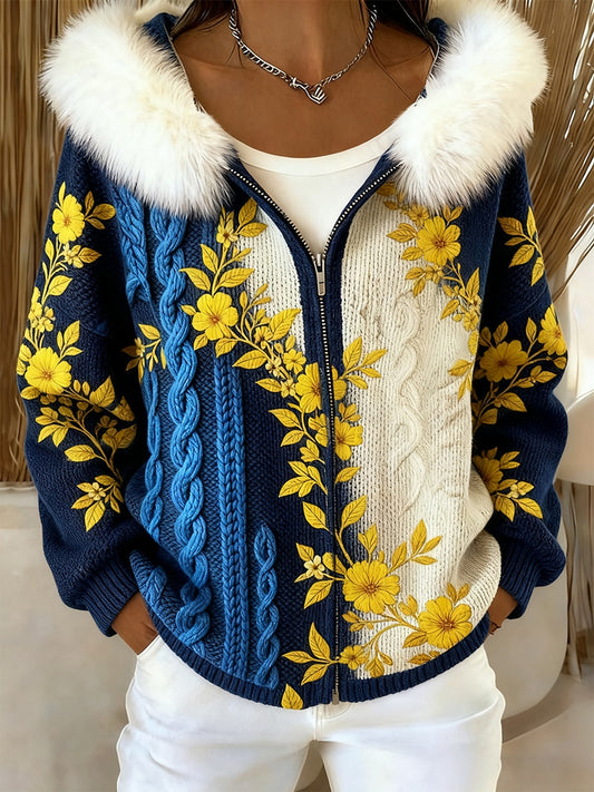 Damski retro kwiatowy wygodny pluszowy sweter z kapturem